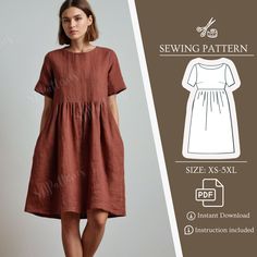 a woman in a dress with short sleeves and an open back, standing next to the sewing pattern