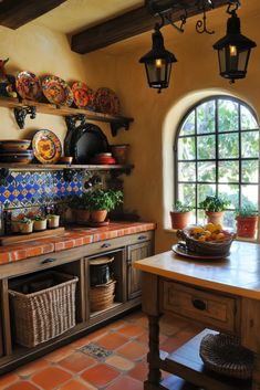 a kitchen with an island and potted plants