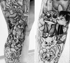 tattoos on the legs and arms of people with cartoon characters all over them, including cats