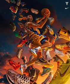 a painting of a basketball player jumping up into the air with his feet in the air