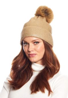 Crazy-cute and wearable, the Metallic Pom Hat is so cool, you'll wear it before the leaves fall. Why not--in Metallic Gold knit, it's stretchy and comfy. Better still, this substantial knit has recovery as well. Easy to pull on, the cap, when cuffed, measures 8" from the fur pom to the cuff fold. Ahhh, but the pièce de résistance is the oversize Tan Fox pom with Ivory tipping. The magic of mixing Metallic knit with fur bestows a broad license to wear the Metallic Pom Hat with anything, everywhere. With denim, a fur jacket, or a cashmere overcoat, the Metallic Pom Hat is all in. Going to work, walking the dog, and for errands, the Metallic Pom is perfect. When life happens, refresh our favorite hat with machine wash/cold/dry flat. Fabulous Furs, Coverlet Bedding, Metallic Knit, Leaves Fall, Silk Pillowcase, Pom Pom Hat, Fur Pom Pom, Personalized Accessories, Knit Hat