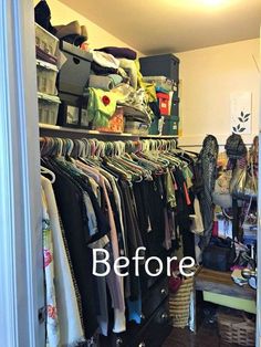 an open closet with clothes and other items on the shelves before and after it was cleaned