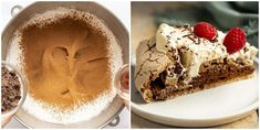 there are two pictures with different desserts on the same plate, one has chocolate cake and another has raspberries