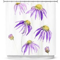 three purple flowers on white shower curtain