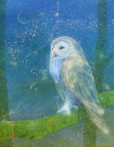 an owl is sitting on a branch in the water with bubbles and sparkles all over its body