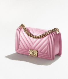 BOY CHANEL Handbag - Calfskin & gold-tone metal — Fashion | CHANEL Pink Chanel Classic Flap, Luxury Pink Bag With Chain, Pink Chanel Flap Bag, Luxury Pink Bags With Chain Detail, Luxury Pink Flap Bag With Gold-tone Hardware, Chanel Flap Bag