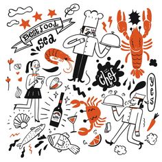 an orange and black illustration of people with food, drinks and seafood on white background