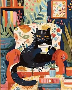 a black cat sitting in a chair holding a cup