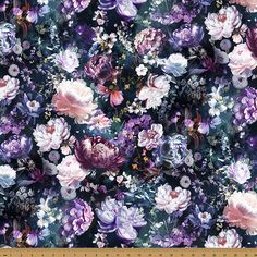 an image of a flowery fabric with purple and pink flowers on the side,