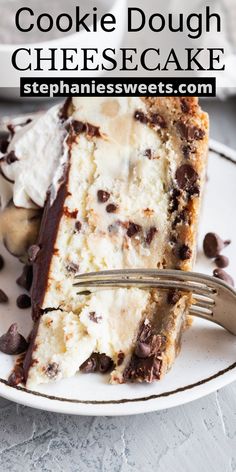 a slice of cookie dough cheesecake on a plate with a fork