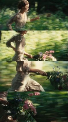 the woman is running with flowers in her hand and she's wearing a white dress