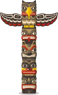 a totema with many different designs on it's face and arms, in the style of native art