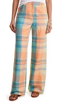 A sorbet-hued plaid heralds sunny days in straight-leg linen-blend pants with a flowy, relaxed silhouette. Zip fly with hook-and-bar closure Side-seam pockets; back welt pockets 56% linen, 22% cotton, 22% lyocell Machine wash, tumble dry Imported Floral Trousers, Button Pants, Preppy Plaid, Plaid Trousers, Madras Plaid, Lemon Tart, Linen Blend Pants, Flowy Pants, Kick Flares