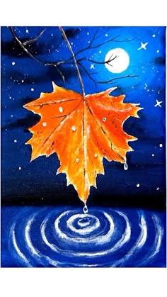 an acrylic painting of a maple leaf floating in the water with a full moon behind it