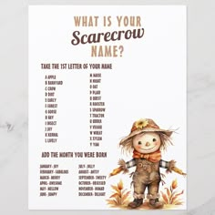 a scarecrow is standing in front of a white background with the words, what is your scarecrow name?