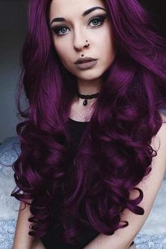 Black Violet Hair, Violet Hair Dye, Dark Plum Hair, Dark Purple Hair Color, Long Purple Hair, Long Curly Wig