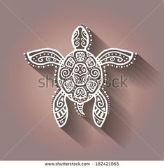 an intricately designed sea turtle on a pink background with long shadow in the center