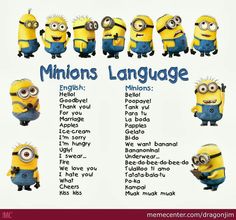 the minions language poster is shown with several minion characters in different poses and expressions