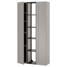 a tall cabinet with two doors and shelves