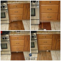 four pictures of the same kitchen with different cabinets and stove top ovens in it