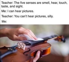 someone is playing the violin with their hand on it's shoulder and text that reads, teacher the five sense are smell, hear, taste, and sight, and sight