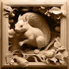 an intricate carving of a mouse and birds