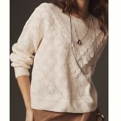 Anthropologie | Sweaters | Anthropologie Lace Sweater Sz Xl | Poshmark Off White Layering Sweater, White Feminine Sweater For Layering, Feminine White Sweater For Layering, Feminine White Crew Neck Sweater, White Cable Knit Tops With Relaxed Fit, White Cable Knit Top With Relaxed Fit, White Relaxed Fit Cable Knit Top, White Lace Sweater, Lace Trim Sweater