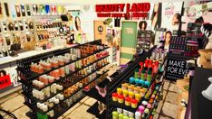 there are many different products on display in this store, including nail polish and cosmetics