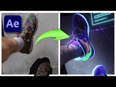 two pictures with neon shoes and an arrow pointing to the left, while another photo is showing