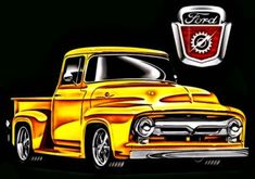 an old yellow truck with a red emblem on it's hood and the words ford