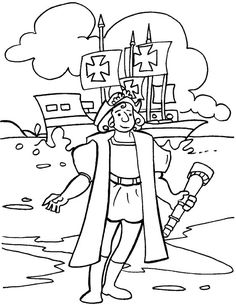 a coloring page with a man in the water and a ship on the shore behind him