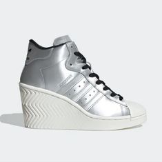 - New In Box - Adidas Originals Superstar Shell Toe Sneaker Wedges - Classic Look With A 3.5" Wedge Built In - Leather Upper - Silver/White/Black White Wedge Shoes, Blue Shoes Women, Cheetah Print Shoes, Sneaker Wedges, Reflective Shoes, Black Wedge Sneakers, Superstar Shoes, Silver Wedges, Adidas Shoes Superstar