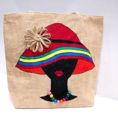 Jute Embroidery, Jute Bags Design, Preschool Creative Art, Jute Shopping Bags, Fabric Painting Techniques, Pom Pom Rug, Handpainted Bags, Fabric Paint Designs