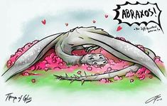 a drawing of a dragon laying on its back in the grass with pink flowers around it