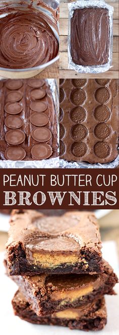 chocolate peanut butter cup brownies are stacked on top of each other and ready to be eaten