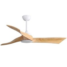 a white ceiling fan with wooden blades