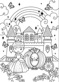 a princess and her carriage in front of a castle with a rainbow on the background