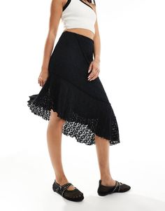 Skirts by New Look Midi moment High rise Seam details Asymmetric hem Regular fit Black Cotton Skirt With Asymmetrical Hem, Lace Asymmetrical Skirt, Asymmetrical Lace Flowy Skirt, Black Asymmetrical Hem Lined Skirt, Lace Trim Asymmetrical Skirt, Skirt With Elastic Waistband, Asymmetrical Midi Skirt, Lace Midi Skirt, Black Dress Prom