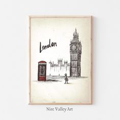 a drawing of london with the big ben clock tower in the background and a person standing next to it