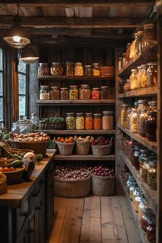 an old wooden pantry filled with lots of different types of vegetables and food in baskets