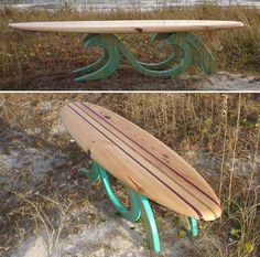 a surfboard sitting on top of a wooden bench