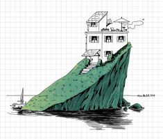 a drawing of a house on top of a cliff