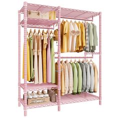 a pink shelving unit with clothes hanging on it