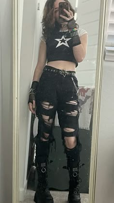 Cute Outfits To Wear For Your Boyfriend, Punk Denim Outfit, Scene Style Inspo, What To Wear To A Metal Festival, Spiky Outfits, Punk Minimalist Style, Goth Punk Outfits Female, Alt Bar Outfits, Grunge Outfit Female