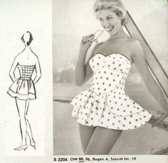 "A sewing pattern of a wonderful beach sundress /bathing suit from a 1958 German sewing pattern magazine. Pattern pieces are all carefully traced from its multi pattern sheet, cut and labeled. All pieces cut to full length. Seam allowances are not included. Size: Bust 88cm/34\" These patterns come from era when sewing was a must and it was taught to all who wanted to sew, so the patterns were not accompanied with much of instructions that are typical to modern day sewing patterns, however all or Fitted Bodice Sleeveless Swimwear For Beach, Vintage Halter Neck Swimwear For Beach, Retro Sleeveless Lined Swimwear, Fitted Bodice Swimwear For Summer Beach, Vintage Lined Swimwear For Vacation, Vintage Halter Neck Swimwear For Summer, Vintage Sleeveless Swimwear For Beach Season, 50s Bathing Suit, 1950s Bathing Suits