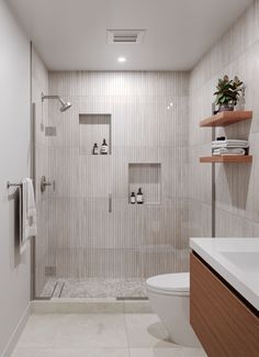 a bathroom with a walk in shower next to a toilet