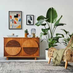 a living room with plants and pictures on the wall