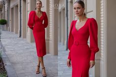 Elevate your wardrobe with this sleek Red Midi Pencil Dress, designed to flatter your figure with a Fitted Silhouette and a chic, adjustable Belt at the waist. Featuring Long Sleeves and a sophisticated midi length, this dress exudes timeless elegance, making it perfect for both professional settings and evening events. A must-have staple for a polished and confident look. *WHERE TO WEAR - Perfect for both professional settings and evening events *DETAILS - Long, voluminous sleeves with wide cuffs. - The dress is fully fitted, with a double-layered fabric on the bust for added structure. - The belt features a large, fabric-covered buckle. - Small back slit. - Invisible zipper at the back *MATERIAL Premium diagonal crepe. Composition: 45% viscose, 5% elastane, 50% polyester. *SIZES The mode Red Pencil Dress, Silhouette Dress, Red Pencil, Voluminous Sleeves, Red Midi, Midi Pencil Dress, Fitted Midi Dress, Belted Midi Dress, Dress With Belt