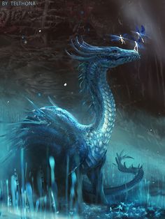 a blue dragon is standing in the water