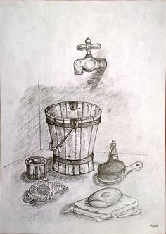 Antique wooden water bucket with its valuable neighbours ! depicted as a Drawing composition. Bucket Drawing, Drawing Composition, Independence Day Drawing, Wooden Bucket, Composition Drawing, Cute Snake, Object Drawing, Wooden Texture, Bathroom Items